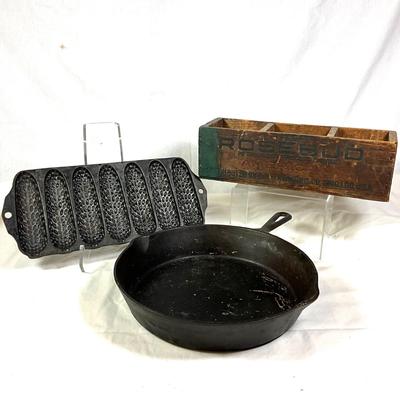 1382 Vintage Griswold No. 272 Cornerwheat Stick Pan with Cast Iron #8 Fryer and Rosebud Cheese Box