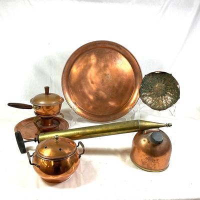 1383 Vintage Copper and Brass Garden Sprayer and Copper Serving Pieces