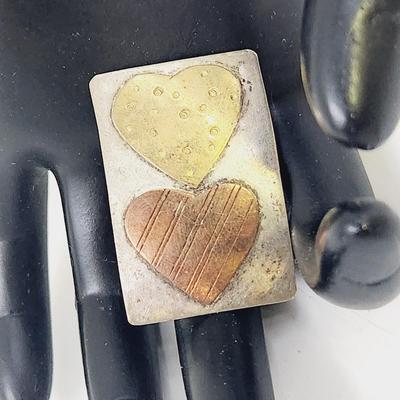 SILVER PLATE BRONZE & COPPER DOUBLE HEART PIN