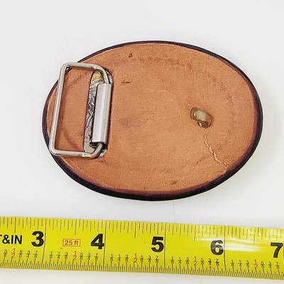 VINTAGE LEATHER LONG HORNED BELT BUCKLE