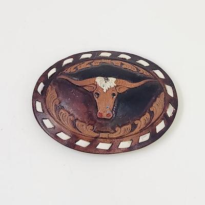 VINTAGE LEATHER LONG HORNED BELT BUCKLE
