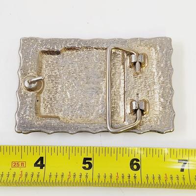 VINTAGE GOLD TONED POLYCHROME JASPER STONE BELT BUCKLE