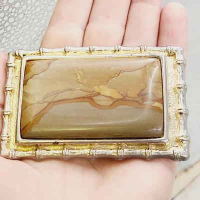 VINTAGE GOLD TONED POLYCHROME JASPER STONE BELT BUCKLE