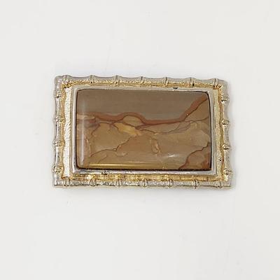 VINTAGE GOLD TONED POLYCHROME JASPER STONE BELT BUCKLE