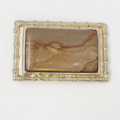 VINTAGE GOLD TONED POLYCHROME JASPER STONE BELT BUCKLE