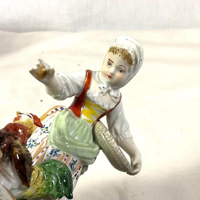 1386 Antique 3-pc Dresden Porcelain Figures and Reticulated Basket