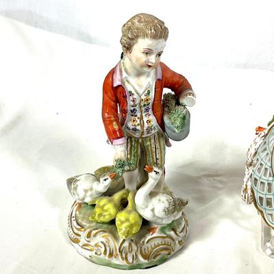 1386 Antique 3-pc Dresden Porcelain Figures and Reticulated Basket