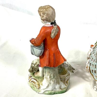 1386 Antique 3-pc Dresden Porcelain Figures and Reticulated Basket