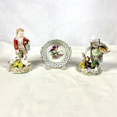 1386 Antique 3-pc Dresden Porcelain Figures and Reticulated Basket