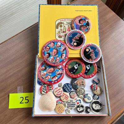 Vintage cigar box with Vintage Political buttons