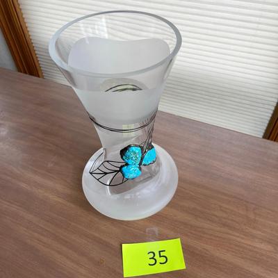 Unusual Crystal vase with silver overlay & Turquoise