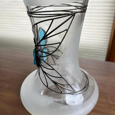 Unusual Crystal vase with silver overlay & Turquoise