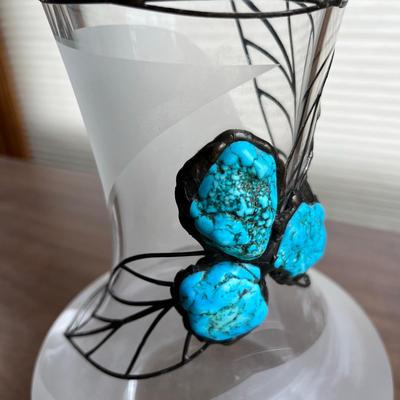 Unusual Crystal vase with silver overlay & Turquoise