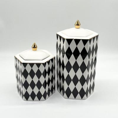 Pair (2) ~ Harlequin Porcelain Black & Gold Canisters