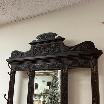 Antique Solid Wood Beveled Mirror Hall Tree