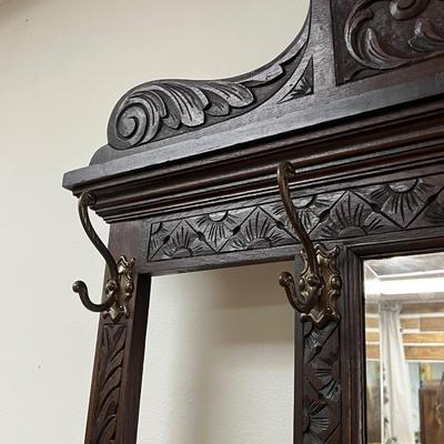 Antique Solid Wood Beveled Mirror Hall Tree