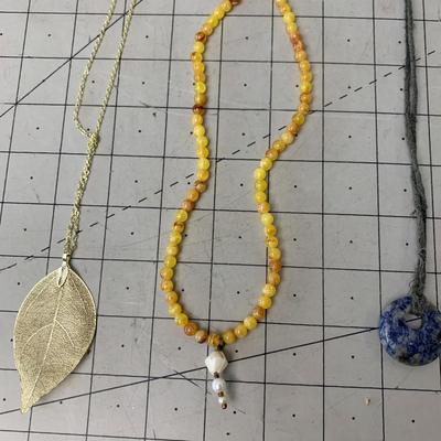 #60 Golden Leaf, Yellow Bead and Blue Stone Necklace
