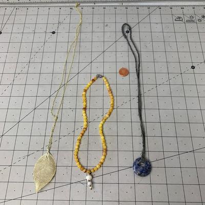 #60 Golden Leaf, Yellow Bead and Blue Stone Necklace