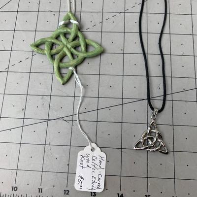 #67 Hand Carved Celtic Eternity Wood Knot and Other Necklace