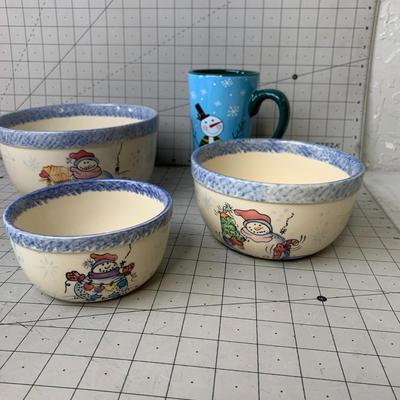 #353 Snowmen Bowls and Coffee Mug