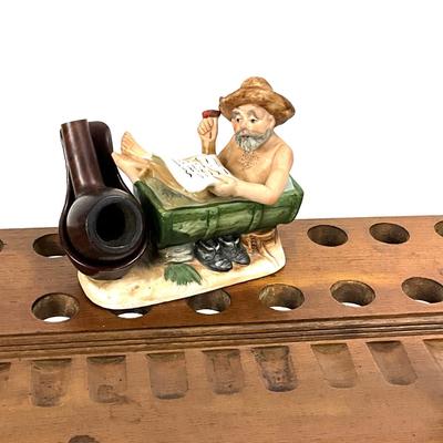 1411 Vintage Wooden Pipe Stands with Porcelain Figural Single Pipe Holder