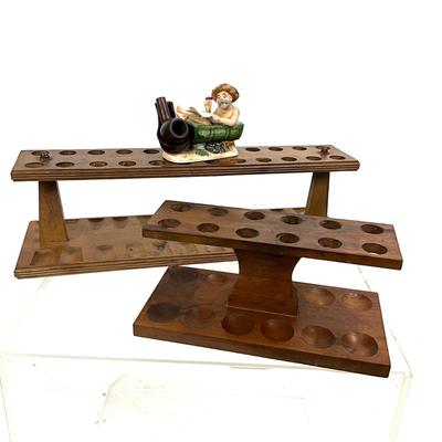 1411 Vintage Wooden Pipe Stands with Porcelain Figural Single Pipe Holder