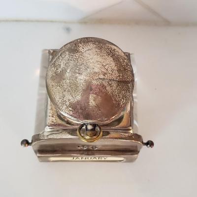 Silver and glass inkwell with calendar and clock