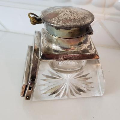 Silver and glass inkwell with calendar and clock
