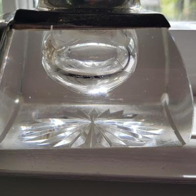 Silver and glass inkwell with calendar and clock