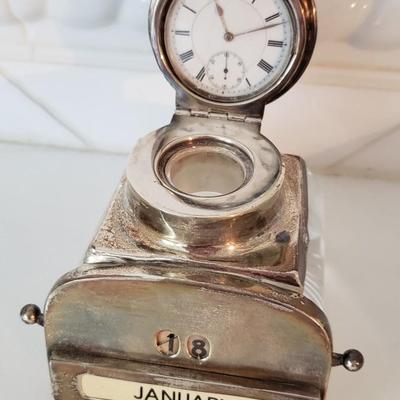 Silver and glass inkwell with calendar and clock