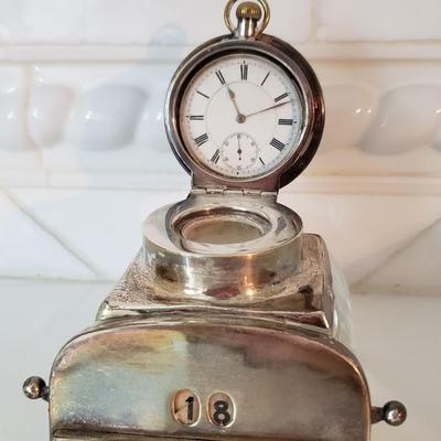 Silver and glass inkwell with calendar and clock