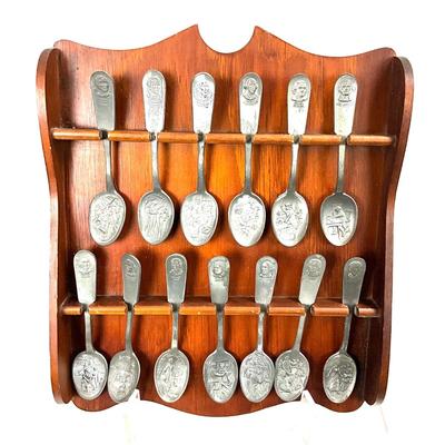 1418 Vintage Bicentennial Pewter Franklin Mint Spoons with Wooden Wall Display