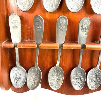 1418 Vintage Bicentennial Pewter Franklin Mint Spoons with Wooden Wall Display