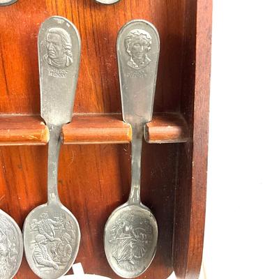 1418 Vintage Bicentennial Pewter Franklin Mint Spoons with Wooden Wall Display