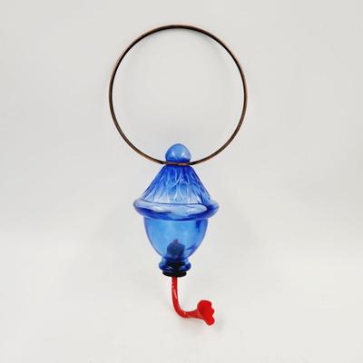 NICE BLUE GLASS HANGING HUMMINGBIRD FEEDER