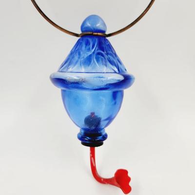 NICE BLUE GLASS HANGING HUMMINGBIRD FEEDER