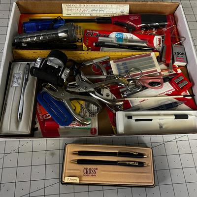 Tray of Office Things: Paper Punch, Scissors, Pens, Flash Lights