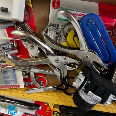 Tray of Office Things: Paper Punch, Scissors, Pens, Flash Lights