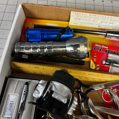 Tray of Office Things: Paper Punch, Scissors, Pens, Flash Lights