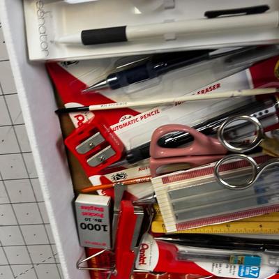 Tray of Office Things: Paper Punch, Scissors, Pens, Flash Lights