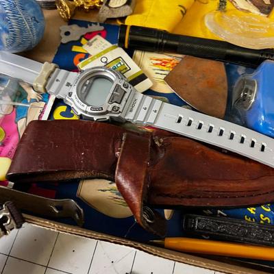Junk Drawer Clean out: Paper Weight, Knife sheath, Bank Bag, Super Ball 