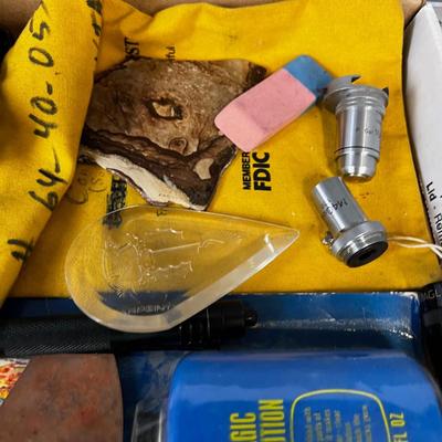 Junk Drawer Clean out: Paper Weight, Knife sheath, Bank Bag, Super Ball 