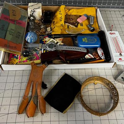 Junk Drawer Clean out: Paper Weight, Knife sheath, Bank Bag, Super Ball 