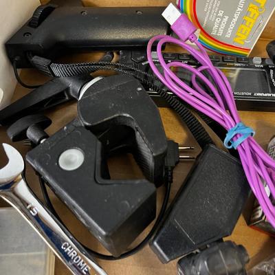 Tray of Junk: Fishing Reel, Tools, Clamp. 