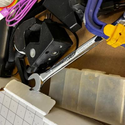 Tray of Junk: Fishing Reel, Tools, Clamp. 