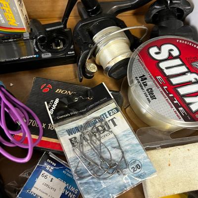 Tray of Junk: Fishing Reel, Tools, Clamp. 