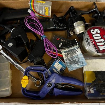 Tray of Junk: Fishing Reel, Tools, Clamp. 