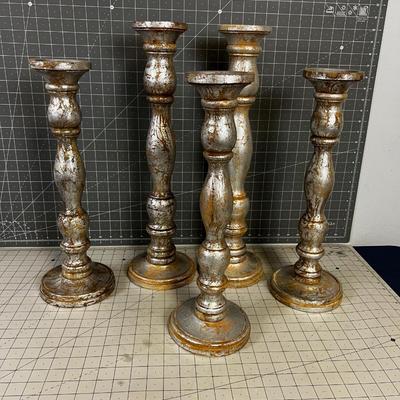 5 Silver Turned Wood Candle Sticks