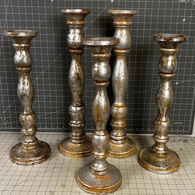 5 Silver Turned Wood Candle Sticks