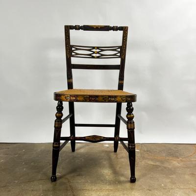 1371 Set of 8 Antique Black/Gold Painted Hitchcock Rush Seat Chairs